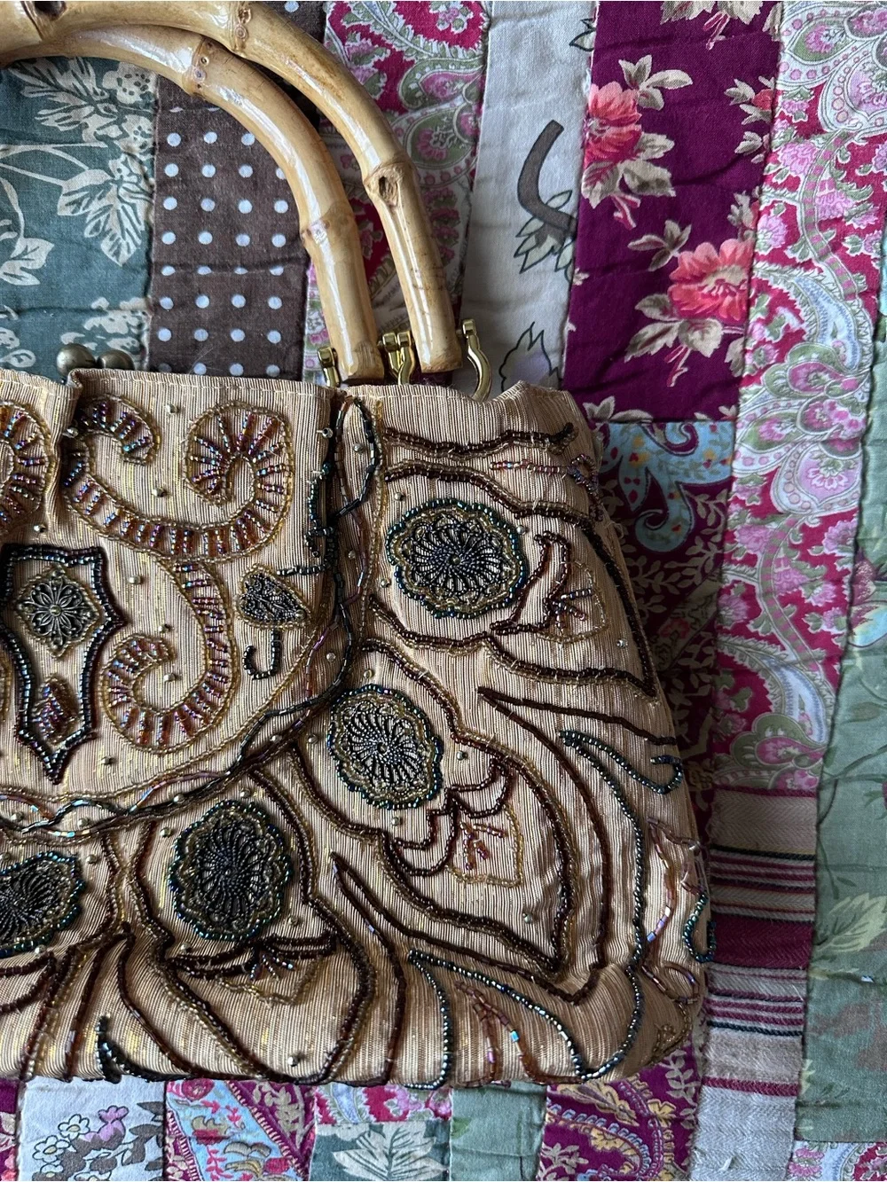 Vintage Embellished Bamboo-Handle Shoulder Bag in Beige